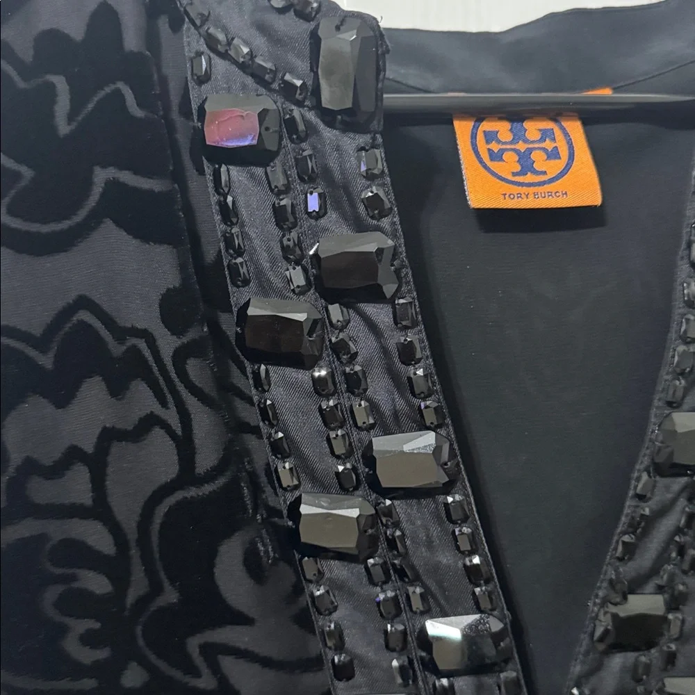Tory Burch Black Patterned Blouse with Button sleeve Detail - Picture 6 of 7